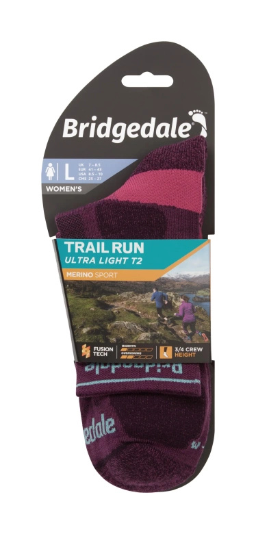 Skarpety damskie Bridgedale Trail Run Ultra Light T2 Merino Sport 3/4 Crew Damson